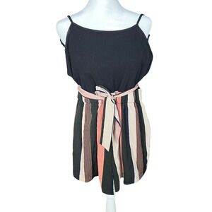 Shein Curve Romper Womens 1XL Black Ribbed Top Striped Shorts Tie Waist